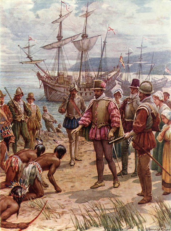 Sir Walter Raleigh leszállás Virginiában (színes litho) alkotó: Howard Davie