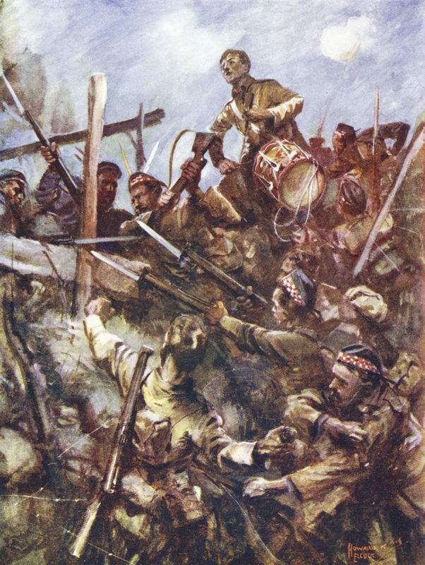 Walter Ritchie dobos az ellenség mellvédjén állt, hogy megszólaltassa a rohamot, heves géppuskalövések és bombatámadások alatt, Beaumont Hamel, Franciaország, 1916. július 1. alkotó: Howard K. Elcock