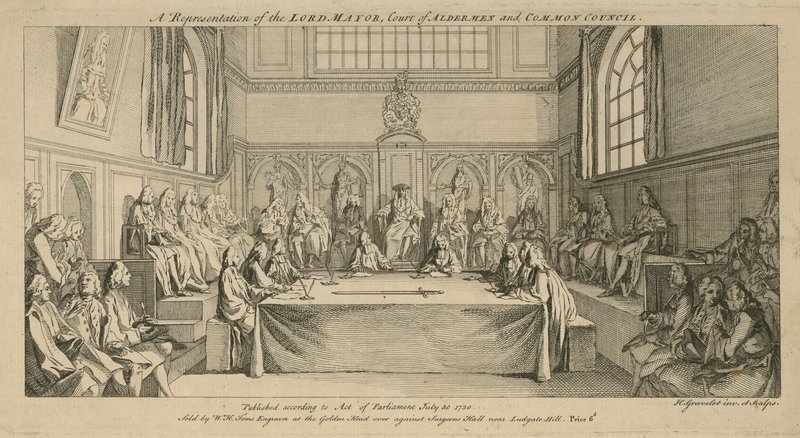 A Lord Mayor, az Aldermen bíróság és a Közös Tanács képviselete alkotó: Hubert Francois Gravelot
