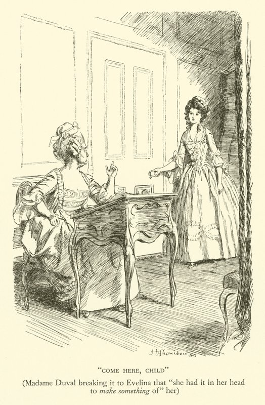 Gyere ide, gyermek, Madame Duval megtöri Evelinának, hogy "a fejében volt, hogy csináljon belőle valamit" (metszet) alkotó: Hugh Thomson