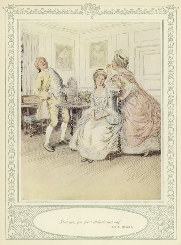 Illusztráció Goldsmith She Stoops to Conquer című művéhez alkotó: Hugh Thomson