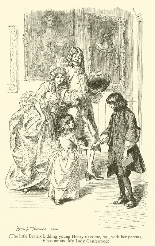 A kis Beatrix arra kéri a fiatal Henryt, hogy jöjjön el szüleivel, Viscounttal és My Lady Castlewooddal (metszet) alkotó: Hugh Thomson