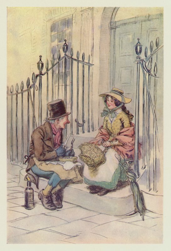 Trotty Veck, lányával, Meggel, a lépcsőn vacsorázik (színes litó) alkotó: Hugh Thomson