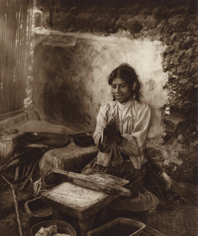 Mexikó: Kukoricatortilla főzése (fekete-fehér fotó) alkotó: Hugo Brehme