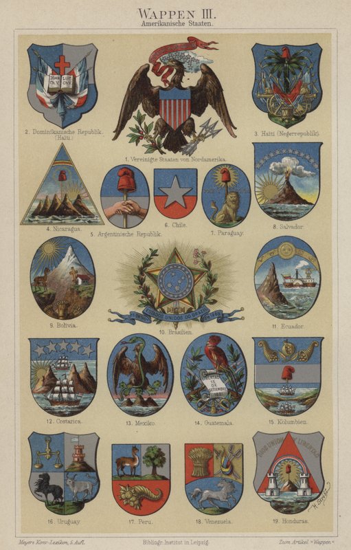 Amerika országainak címerei (színes litó) alkotó: Hugo Gerard (after) Strohl