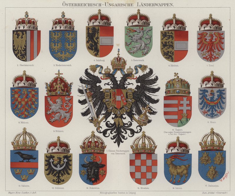 Az Osztrák-Magyar Birodalom címerei (színes litó) alkotó: Hugo Gerard (after) Strohl