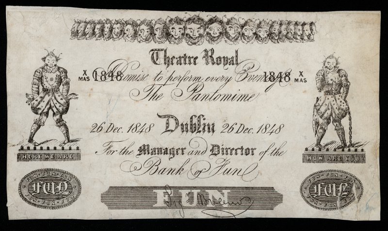 Pantomim reklámja a dublini Theatre Royalban, Bank of Ireland bankjegye alapján alkotó: Irish School