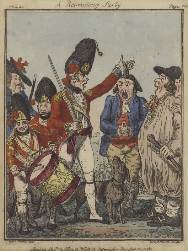 Toborzó parti, 1797 (színes rézkarc) alkotó: Isaac Robert Cruikshank