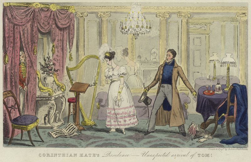 Corinthian Kate rezidenciája – Tom váratlan érkezése! alkotó: Isaac Robert Cruikshank
