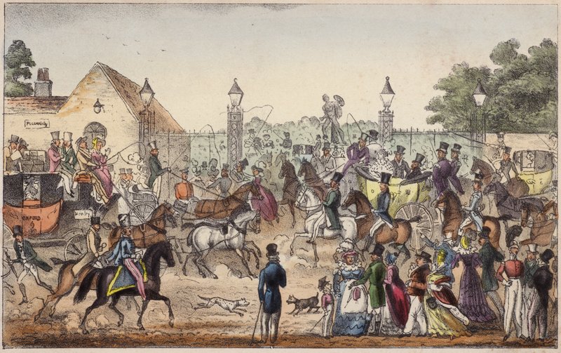 Érkezés, vagy Cockney Land nyugati bejárata (színes metszet) alkotó: Isaac Robert Cruikshank