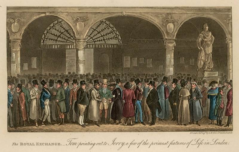 A királyi börze: Tom rámutat Jerryre a londoni élet néhány legfontosabb jellemzőjére alkotó: Isaac, Robert and George Cruikshank