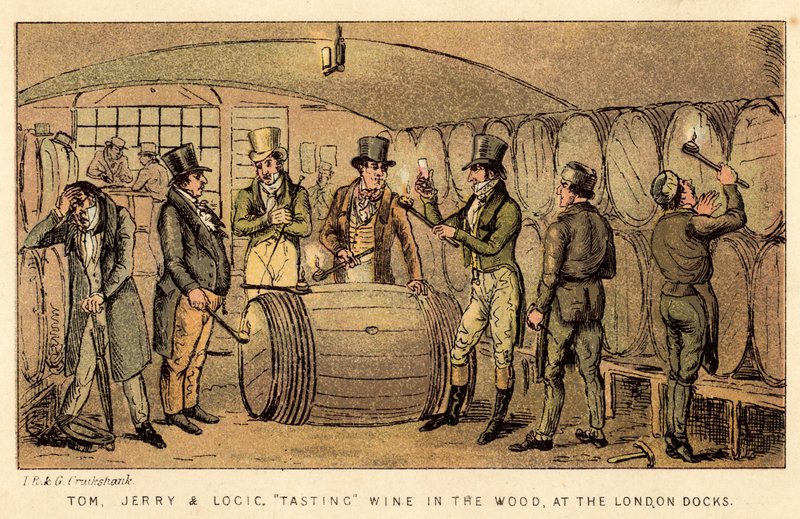 Tom, Jerry és Logic bort kóstolnak az erdőben, a London Docksban alkotó: Isaac, Robert and George Cruikshank