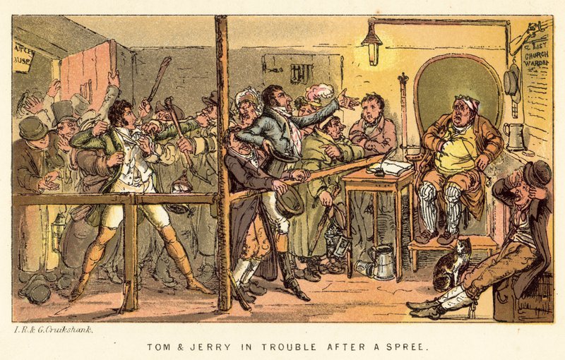 Tom és Jerry bajban vannak egy mulatság után alkotó: Isaac, Robert and George Cruikshank