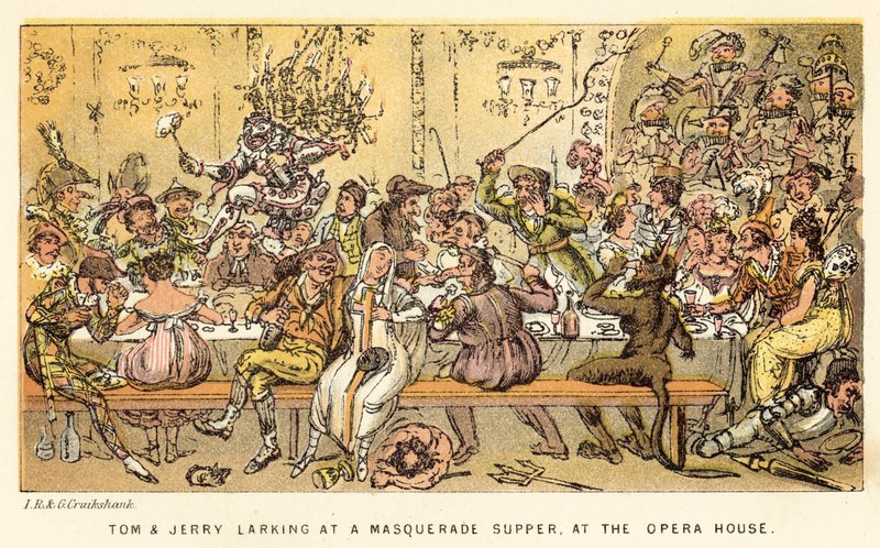 Tom és Jerry álarcos vacsorán lustálkodnak, az Operaházban alkotó: Isaac, Robert and George Cruikshank