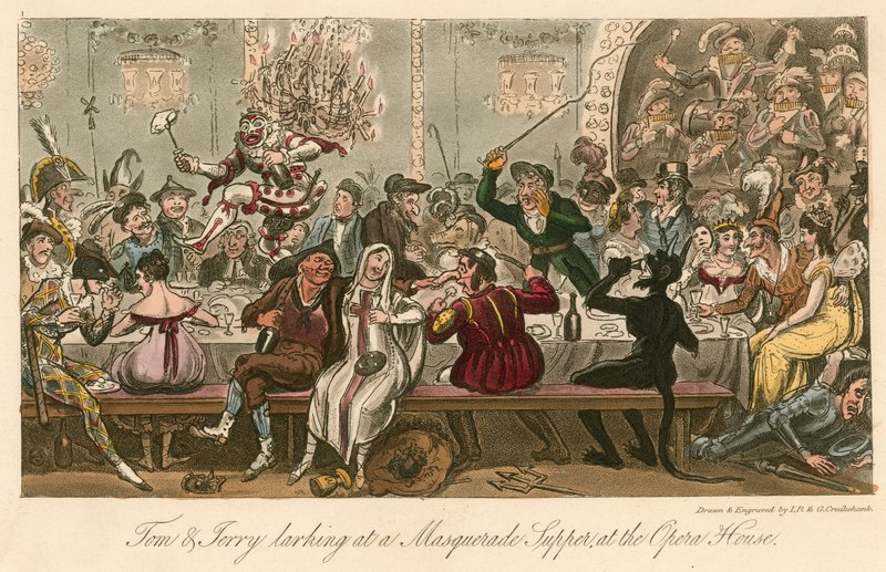 Tom és Jerry álarcos vacsorán lustálkodnak a londoni Operaházban alkotó: Isaac, Robert and George Cruikshank