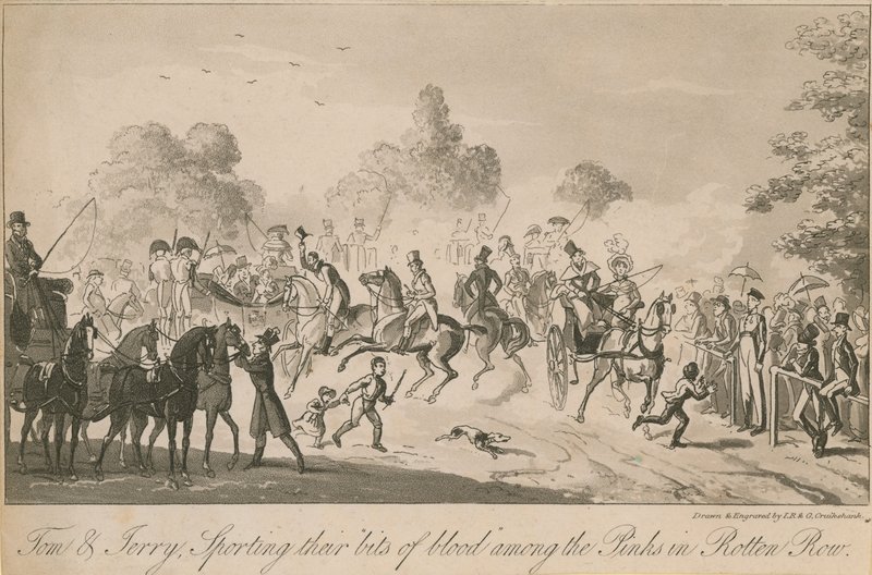 Tom és Jerry vércseppjeikkel a Rotten Row rózsái között sportolnak alkotó: Isaac, Robert and George Cruikshank