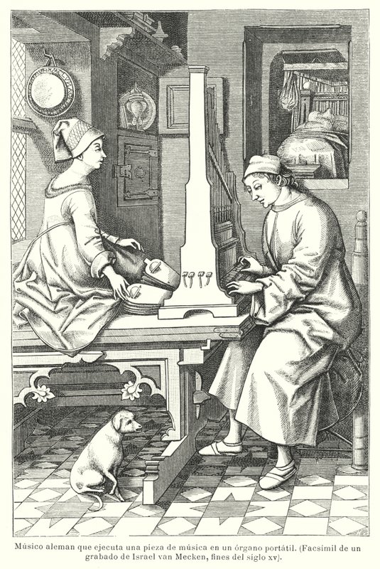 Német zenész hordozható orgonán, 15. század végén (litho) alkotó: Israel van (after) Mecken
