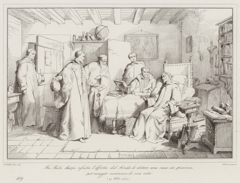 Fra Paolo Sarpi visszautasítja a Szenátus ajánlatát, hogy élete érdekében lakjon a téren egy házban, 1607 alkotó: Italian School