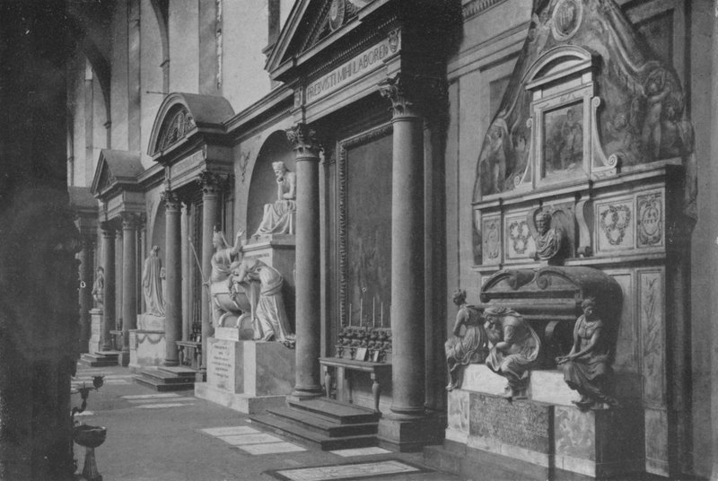 Firenze, S Croce templom, a jobb oldali folyosó emlékművei (f / w fotó) alkotó: Italian Photographer
