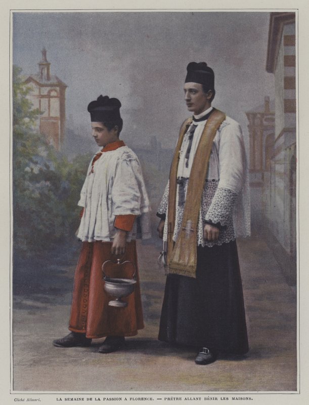 Nagyhét Firenzében: egy pap házak megáldására készül (színes fotó) alkotó: Italian Photographer