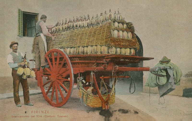 Borosüvegeket rakok egy kocsira, Firenze. 1913-ban feladott képeslap. alkotó: Italian Photographer