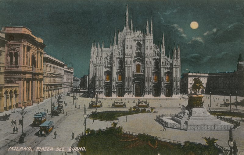 Piazza del Duomo, Milánó. 1913-ban feladott képeslap. alkotó: Italian Photographer