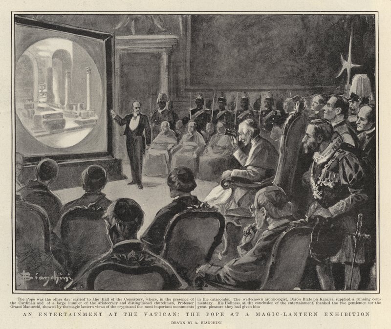 Szórakozás a Vatikánban, a pápa egy lámpáskiállításon (litho) alkotó: Italian School
