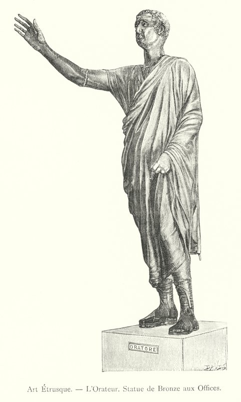 Etruszk művészet, szónok, bronz szobor az Uffiziben (metszet) alkotó: Italian School