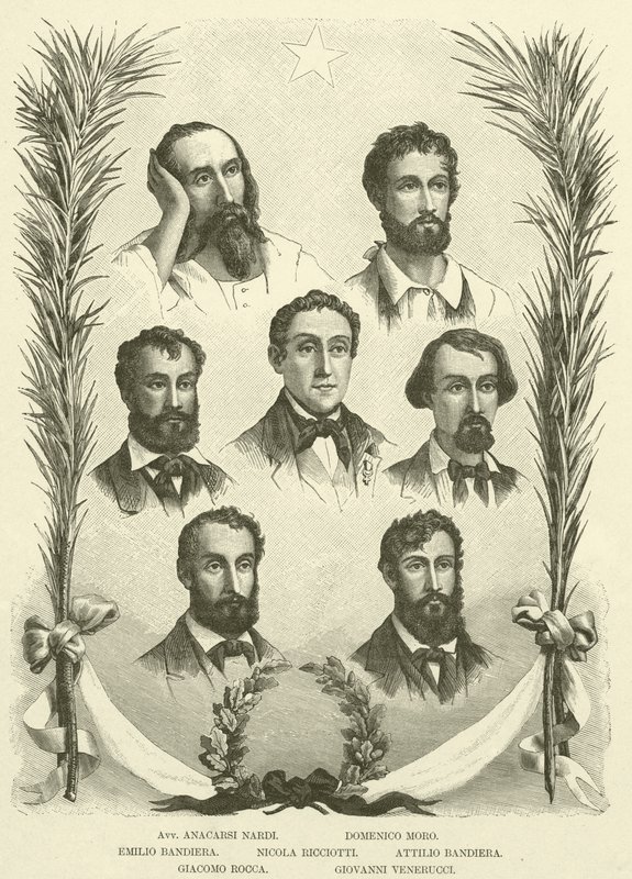 Avv Anacarsi Nardi, Domenico Moro, Emilio Bandiera, Nicola Ricciotti, Attilio Bandiera, Giacomo Rocca, Giovanni Venerucci (metszet) alkotó: Italian School