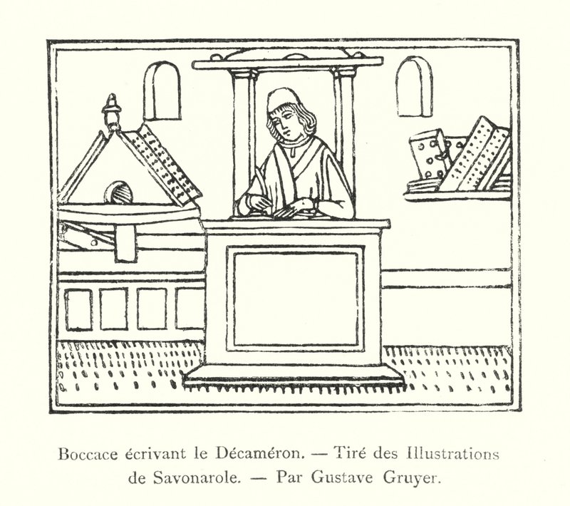 Boccaccio a Dekameron írása, Savonarola illusztrációiból, Gustave Gruyer (metszet) alkotó: Italian School