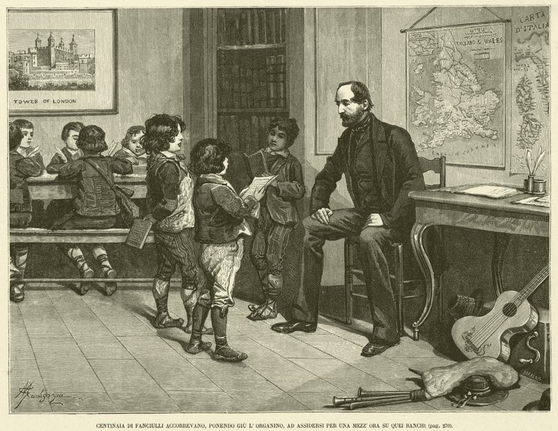 Gyermekek százai futnak, lerakják az orgonát, leülnek egy fél órára a padokra (metszet) alkotó: Italian School