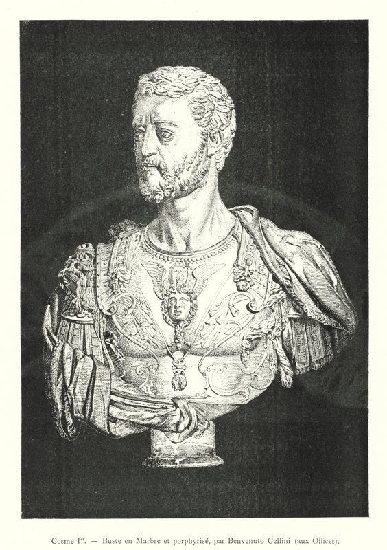 I. Cosimo, Márvány és porfír mellszobra, Benvenuto Cellini, az Uffiziben (metszet) alkotó: Italian School