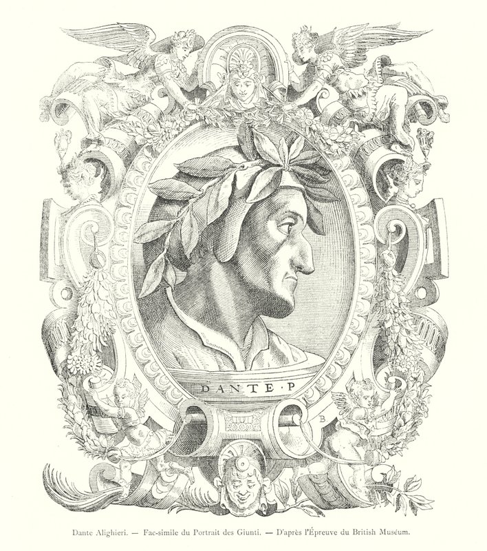 Dante Alighieri, Fakszimile a Giunti portréról, a British Museum nyomat után (metszet) alkotó: Italian School