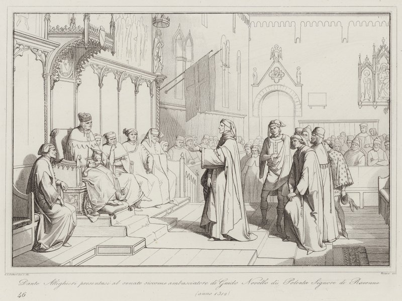 Dante Allighieri Guido Novello of Polenta, Ravenna nagyköveteként mutatkozott be a szenátusban alkotó: Italian School