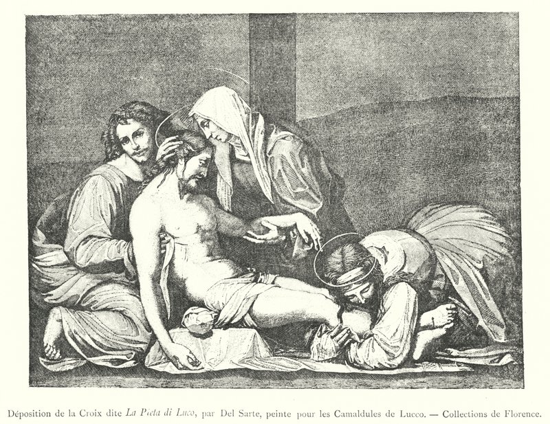 A La Pieta di Luco néven ismert keresztlerakás, Del Sarte, a luccói kamalduliak számára festette, Firenzei gyűjtemények (metszet) alkotó: Italian School