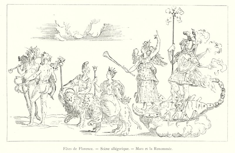 Firenze ünnepei, allegorikus jelenet, a Mars és a hírnév (metszet) alkotó: Italian School