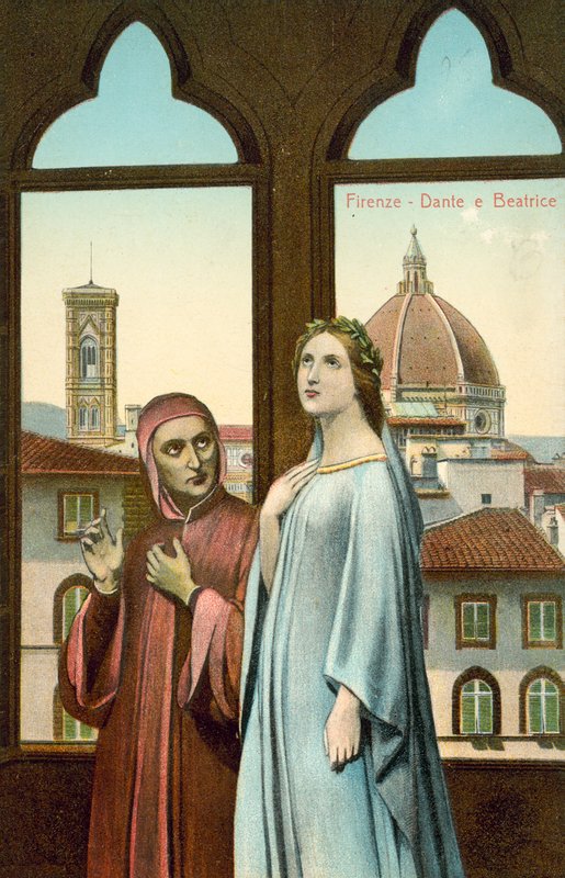 Firenze, Dante és Beatrice (színes litográfia) alkotó: Italian School