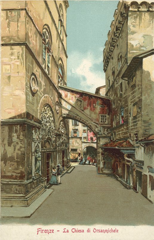 Firenze, Olaszország, Orsanmichele templom (színes litográfia) alkotó: Italian School