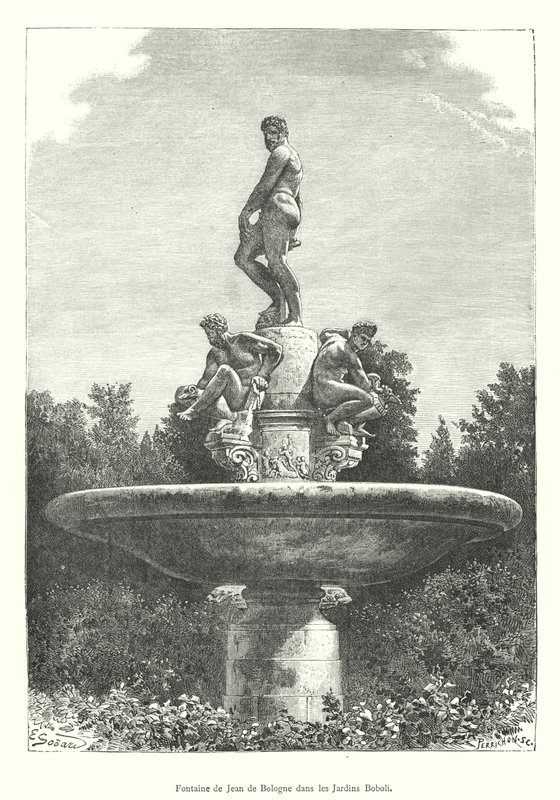 Jean de Bologna szökőkútja a Boboli-kertben (metszet) alkotó: Italian School