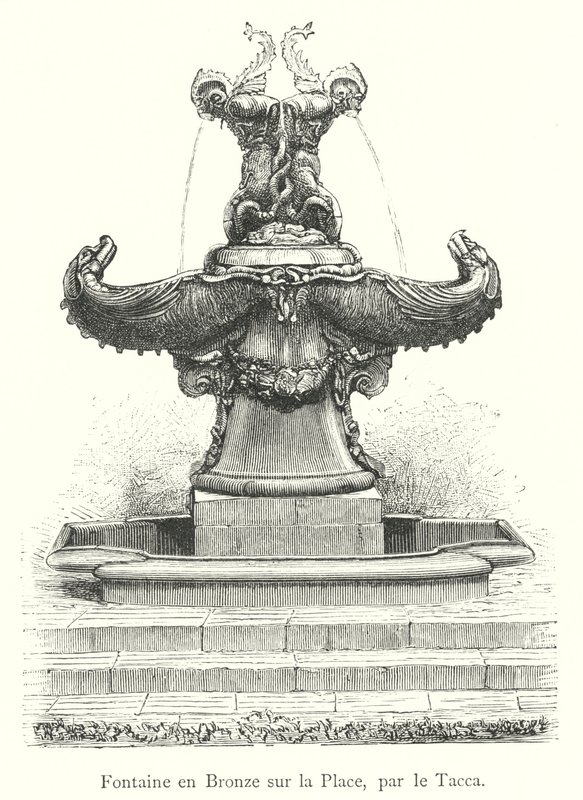 Bronz szökőkút a téren, a Tacca mellett (metszet) alkotó: Italian School