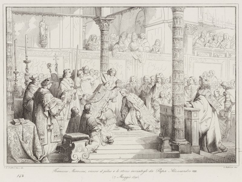Francesco Morosini, átveszi a pileust és a stoccót, amelyet VIII. Sándor pápa küldött neki alkotó: Italian School