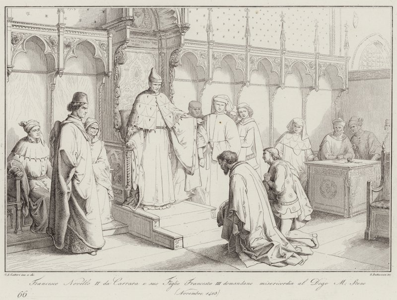A carrarai Francesco Novello II és fia, III. Francesco kegyelmet kér Michele Steno dózsától alkotó: Italian School