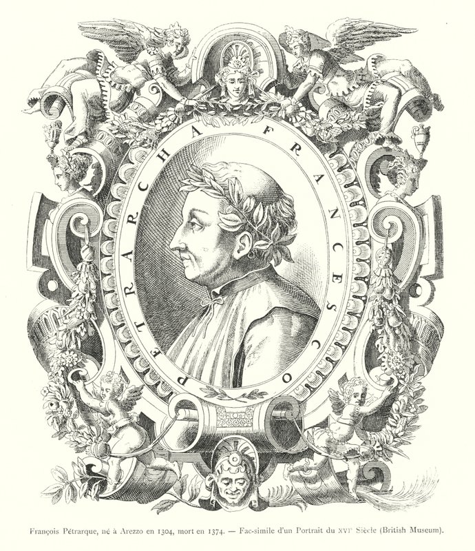 Francois Petrarque, 1304-ben született Arezzóban, 1374-ben halt meg, Fakszimile egy 16. századi portréról, British Museum (metszet) alkotó: Italian School