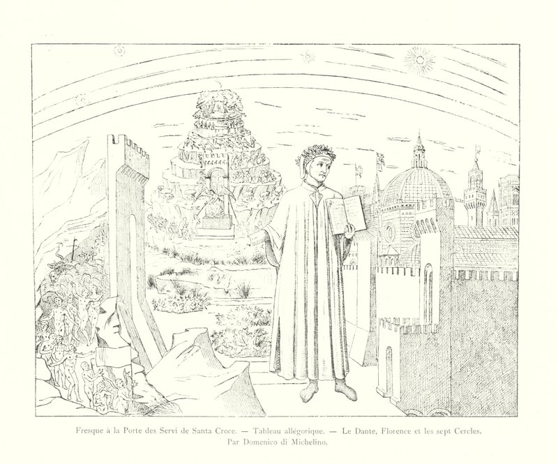 Freskó a Santa Croce Servi ajtajában, allegorikus festészet, Dante, Firenze és a hét kör, Domenico di Michelino (metszet) alkotó: Italian School