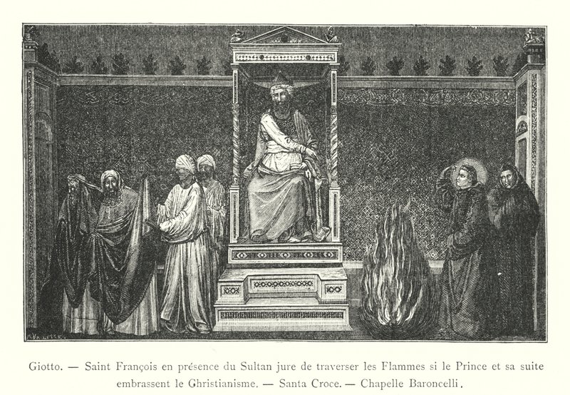 Giotto, Szent Ferenc a szultán jelenlétében megesküszik, hogy átkel a lángokon, ha a herceg és kísérete felvállalja a kereszténységet, Santa Croce, Baroncelli kápolna (metszet) alkotó: Italian School