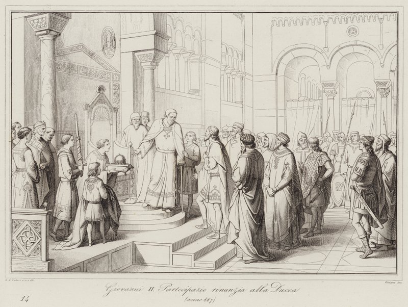 Giovanni II Partecipazio lemond a hercegségről, 887 (metszet) alkotó: Italian School