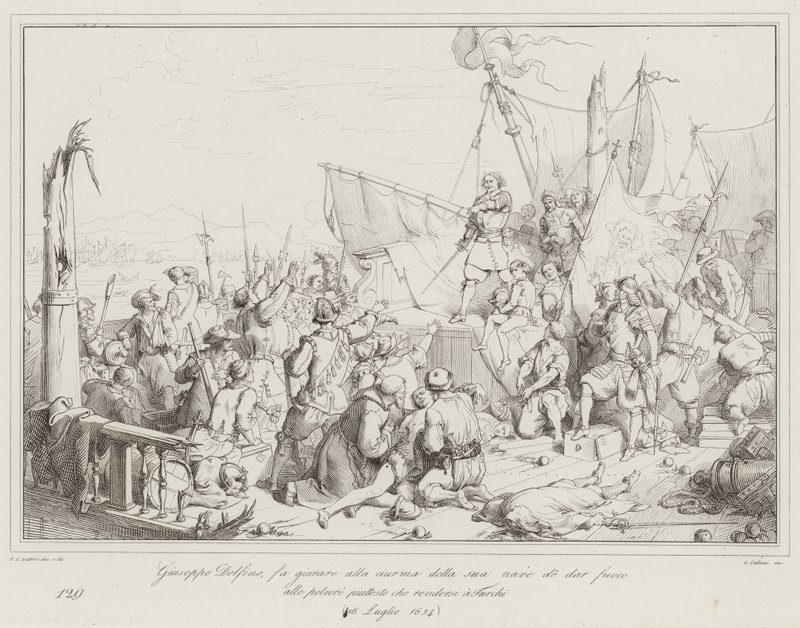 Giuseppe Dolfino megesketteti hajója legénységét, hogy inkább felgyújtják a port, mint... (metszet) alkotó: Italian School