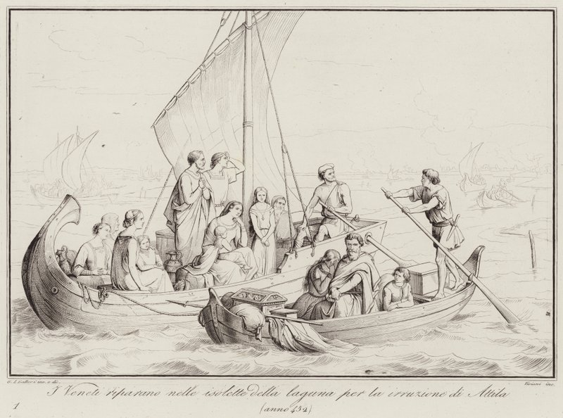 I Veneti riparano nelle isolette della laguna per la irruzione di Attila, 452 (engraving) alkotó: Italian School