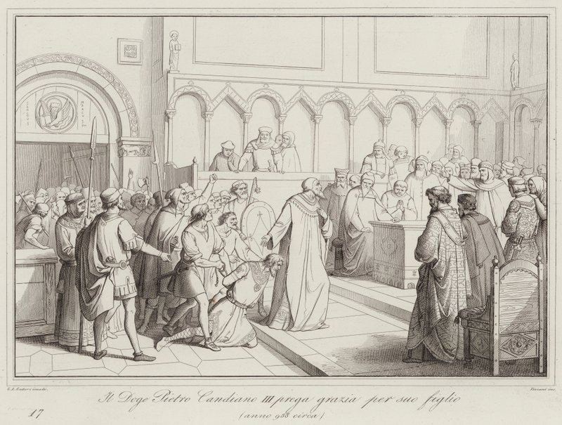 Pietro Candiano III. dózsa kegyelemért imádkozik fiáért, 958 (metszet) alkotó: Italian School