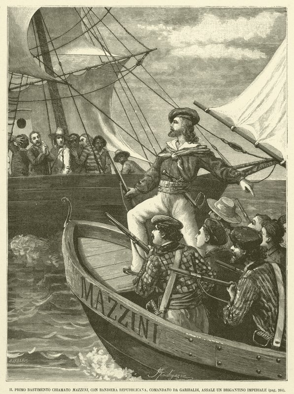 Az első Mazzini nevű hajógyár, köztársasági zászlóval, Garibaldi parancsnoka, Assale egy birodalmi dandár (metszet) alkotó: Italian School